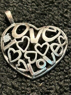 Silver Tone "I Love You" Heart Pendant Necklace Crystal Accent Vintage